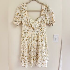 MINE Cottagecore Milkmaid Mini Dress Yellow Floral Puff Tiered Ruffle Boho